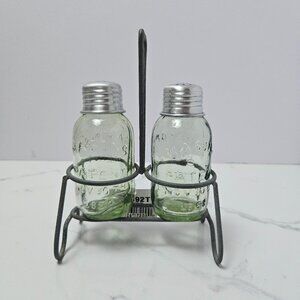 Vintage Mini Glass Mason Jar Salt and Pepper Shaker with Iron Stand Patent 1858